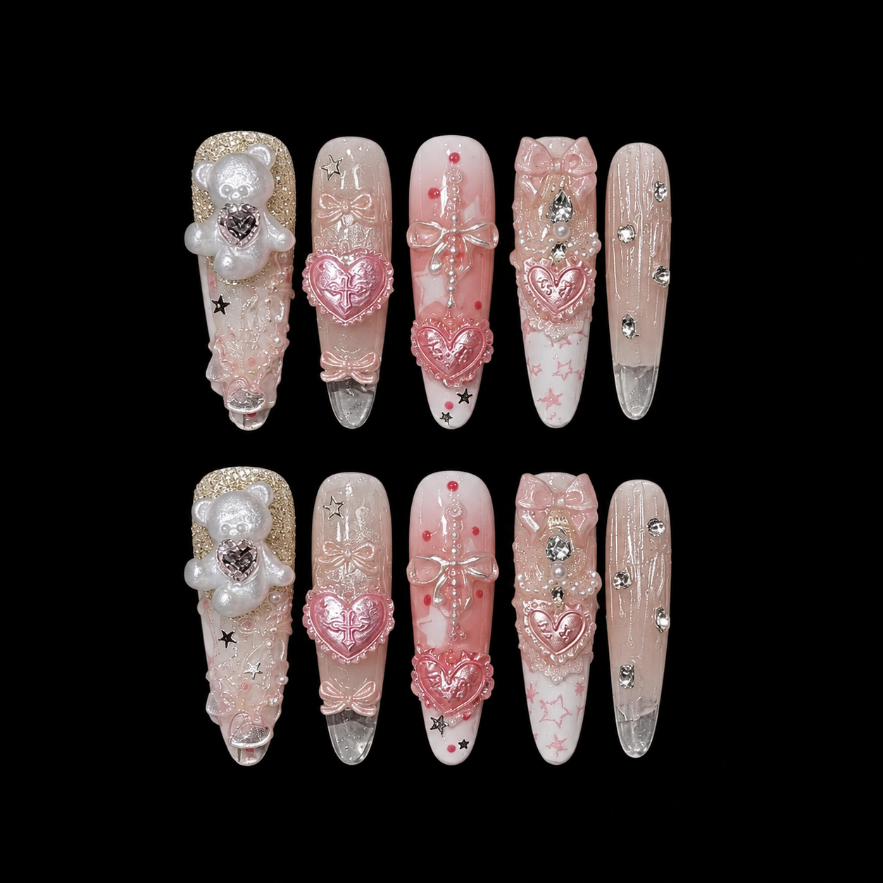 Pink Velvet Teddy Heart Press On Nails
