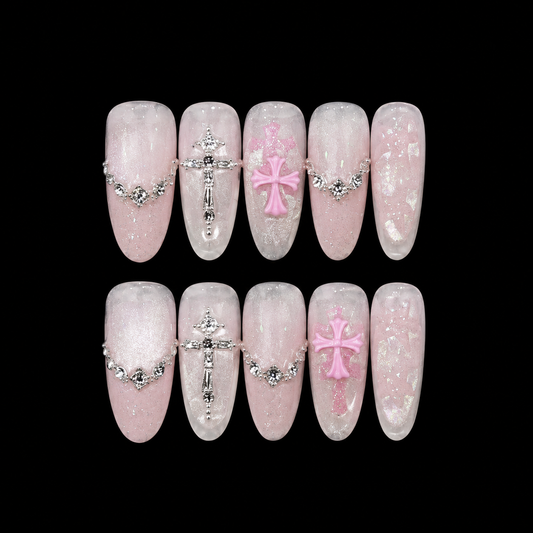 Pink Celestial Cross Press On Nails
