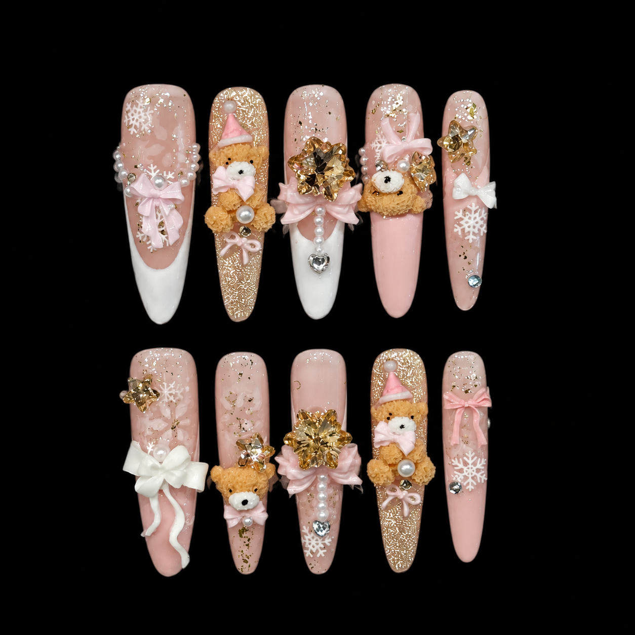 Winter Teddy Ribbon Noel Press On Nails