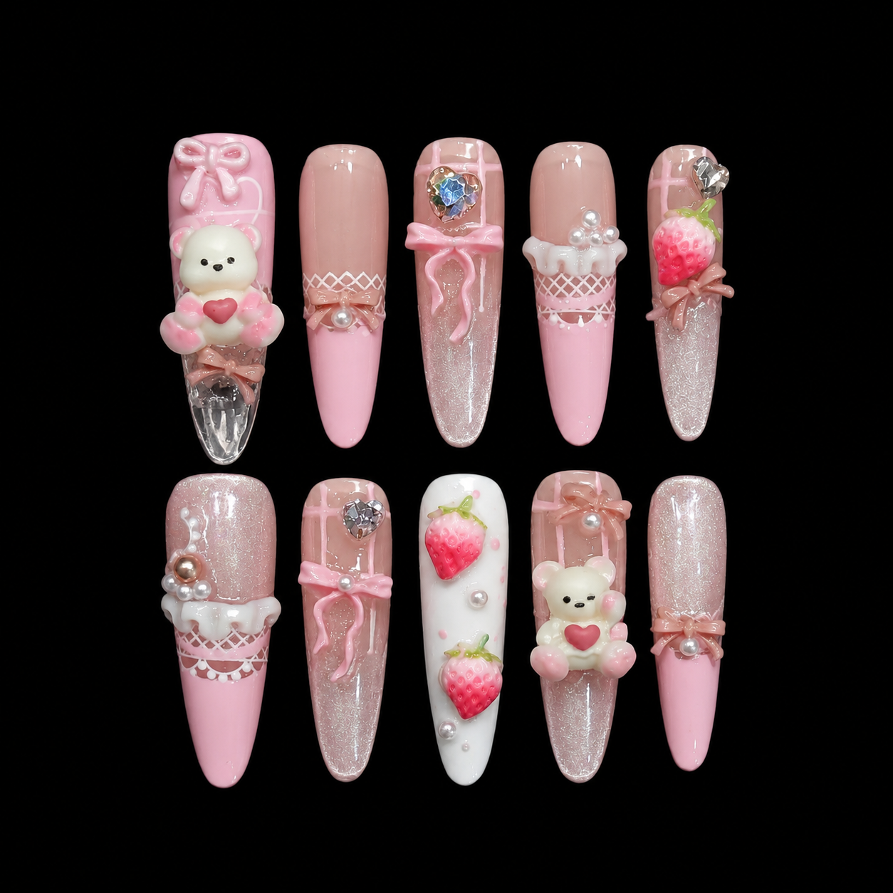 Strawberry Ribbon Teddy Press On Nails