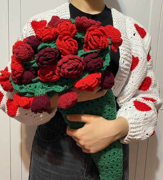 Gehäkelte Blumenstraußdecke, Gehäkelter Jumbo 3D Roter Rosenstrauß, Oma Square Afghan, Gestrickte Sofadecke, Versandfertig, Muttertagsgeschenk